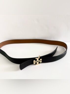 Tory Burch Logo Reversible Skinny Belt Pebble Britten Leather